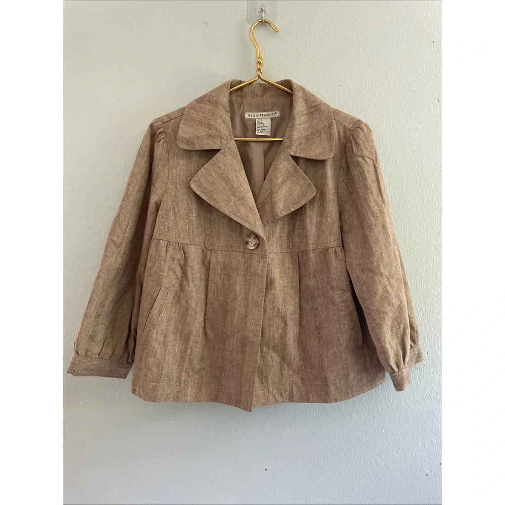 Vintage Y2k 90s Linen Blend All Season  Herringbone Tan Blazer Jacket Pintuck XL